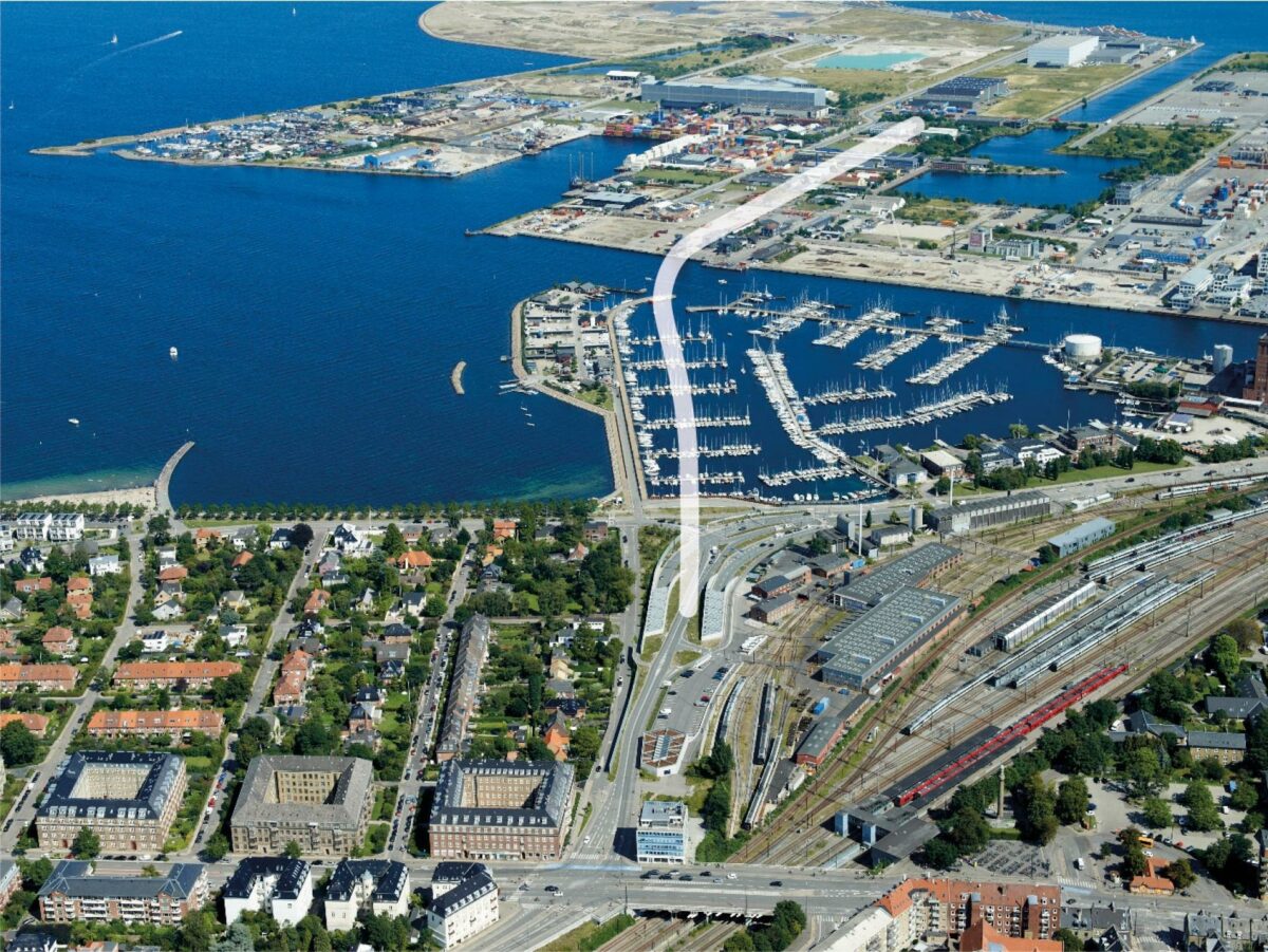 Her ses linjeføringen af Nordhavnstunnellen. Opgaven starter i august 2022 og forventes afsluttet i 2027 samtidig med tunnelbyggeriet. Foto: Vejdirektoratet.