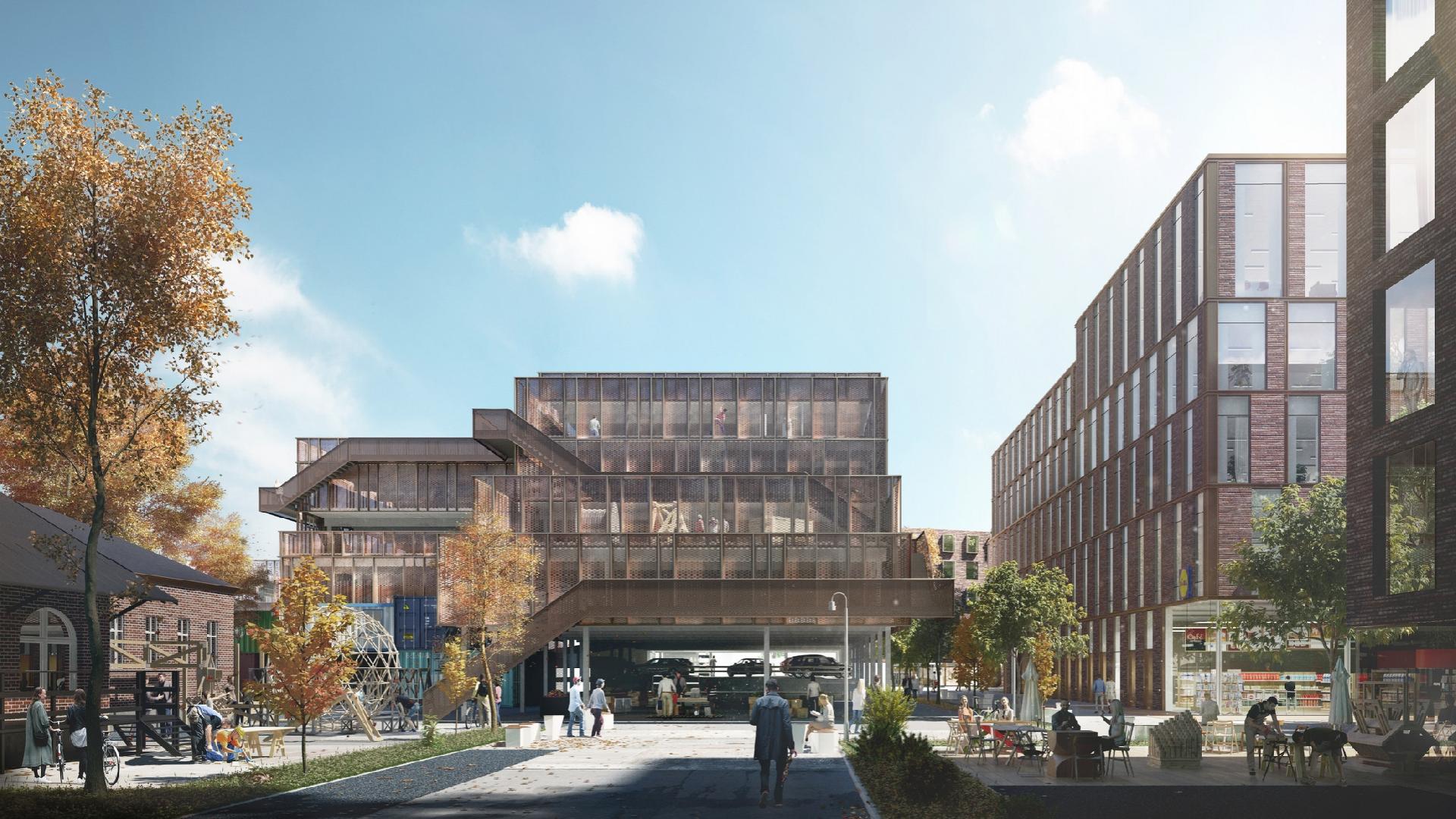 Parkeringshuset bliver bygget i samarbejde med Aarhus Kommune og kommer til at indeholde ca. 360 p-pladser. Illustration: Link Arkitektur