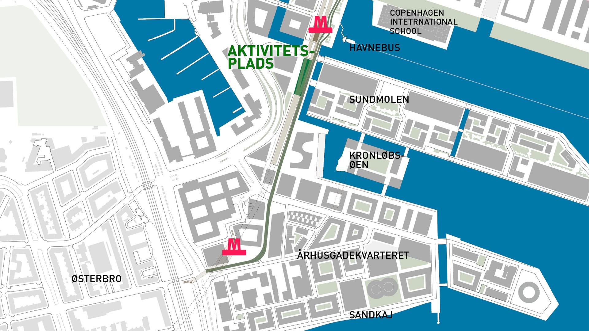 Den nye aktivitetsplads bliver lettilgængelig lige ved metrolinjen og Nordhavns første havnebusstoppested.