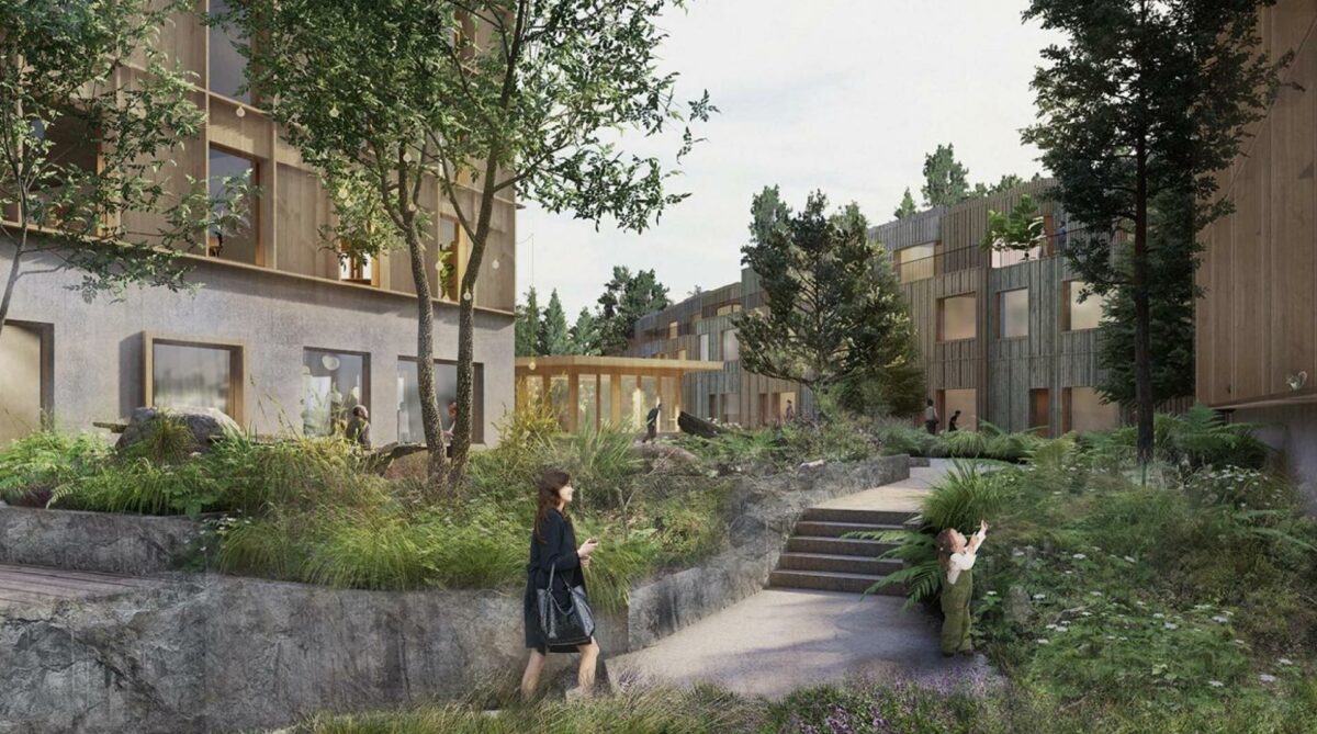En af de konkurrencer C.F. Møller Architects vandt i 2021, var konkurrencen om det nye kvarter Hälsovägen i Huddinge-bydelen Flemingsberg, der blev vundet sammen med den svenske ejendomsudvikler SHH. Visualisering: C.F. Møller Architects.