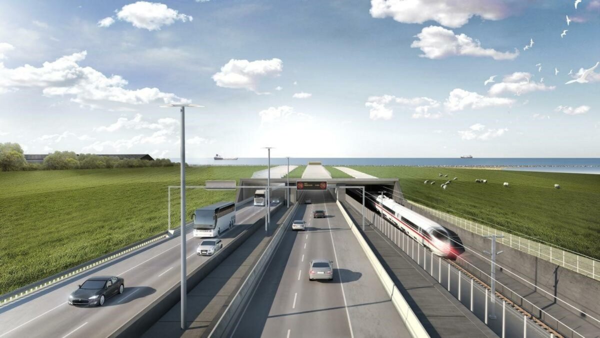 Det er arbejdet med tunnelportalen, der nu er sat i gang. Byggeriet på den tilsvarende tyske tunnelportal ved Puttgarden på den tyske ø Fehmarn begynder i 2023. Illustration: Schönherr