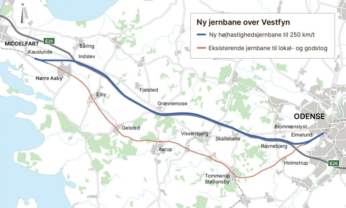 På den kommende højhastighedsjernbane mellem Odense Vest og Kauslunde vil persontog kunne køre op til 250 km/t. Det vil få passagererne fra Odense til Aarhus på en time.