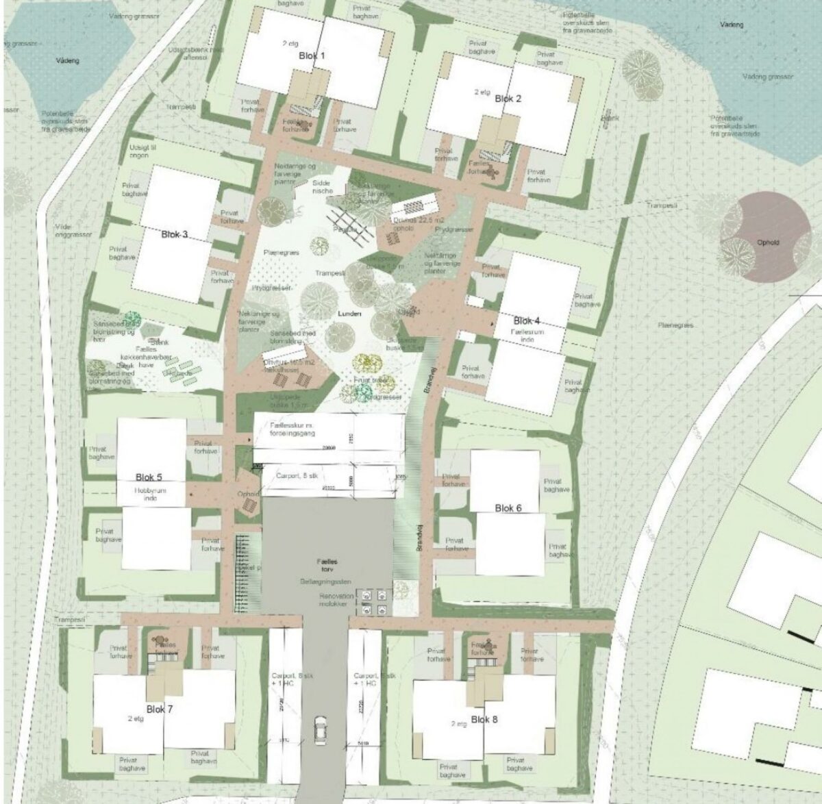 Sommerfugleparken med de 24 seniorboliger skaber en god variation af forskellig udnyttelse og bebyggelse i et boligområde. Boligerne med private for- og baghaver er fordelt i 8 blokke,der bl.a. omkranser et fælles torv, træningssti og siddenicher i den fælles have, Lunden. Illustration: Sweco Arcitects