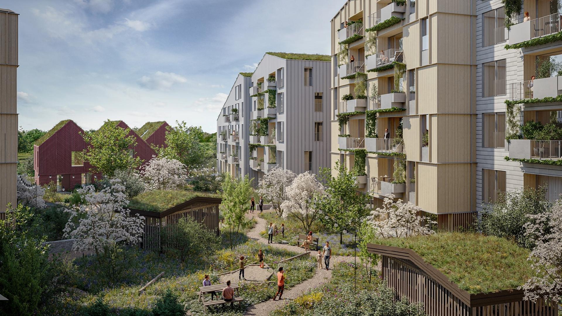 Alle bygninger får åbne, grønne gårdrum i direkte forbindelse til naturen omkring.