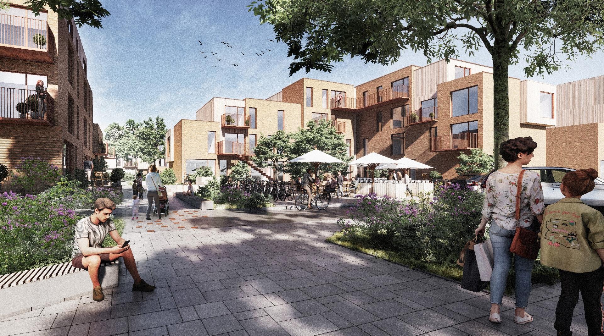 Beboerne forventes at kunne flytte ind i deres nye boliger i Ellebo i midten af 2024. Illustration: Henning Larsen Architects