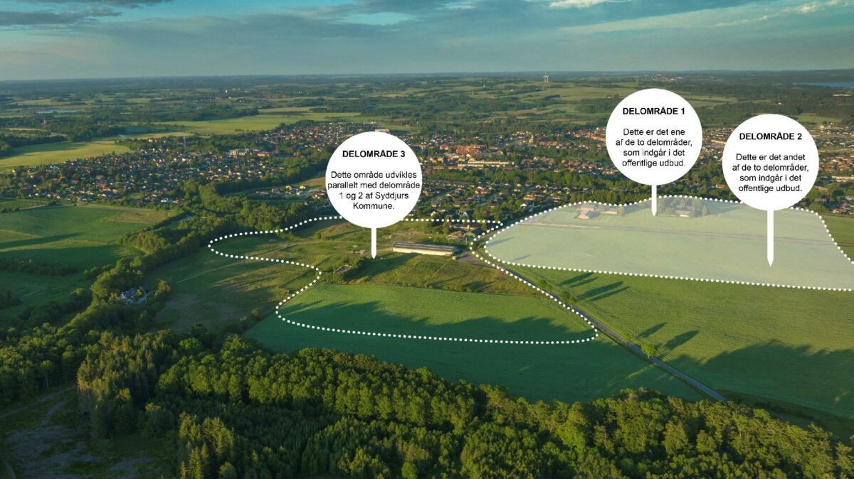 Luftfoto med angivelse af delområder for den første etape af udvikling i Hornslet Vest. Byudviklingsområdets areal er ca. 112.800 m2.