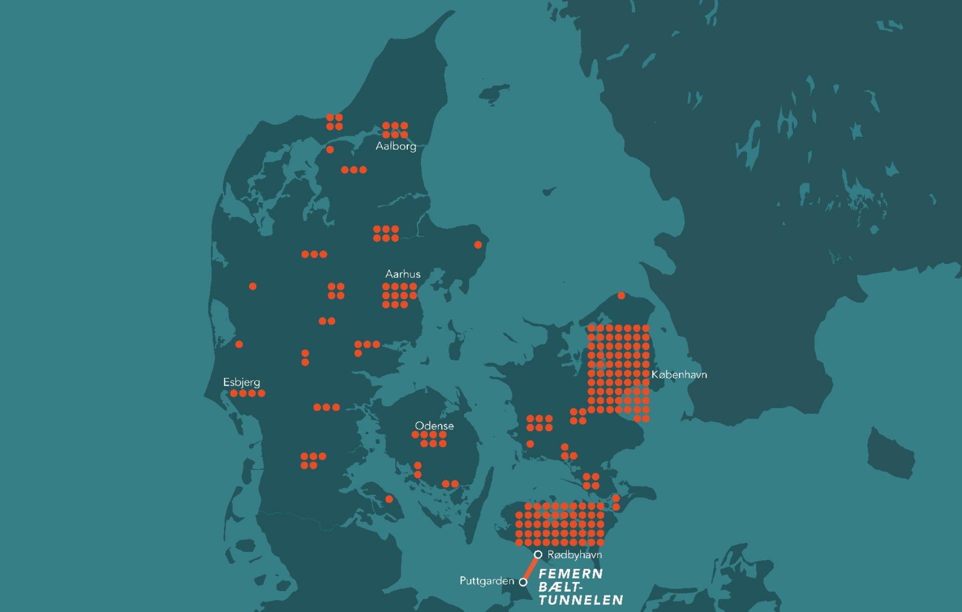 Fordelingen af de danske kontakter ser således ud. Hele landet - undtagen Bornholm - er repræsenteret. Illustration: Femern A/S