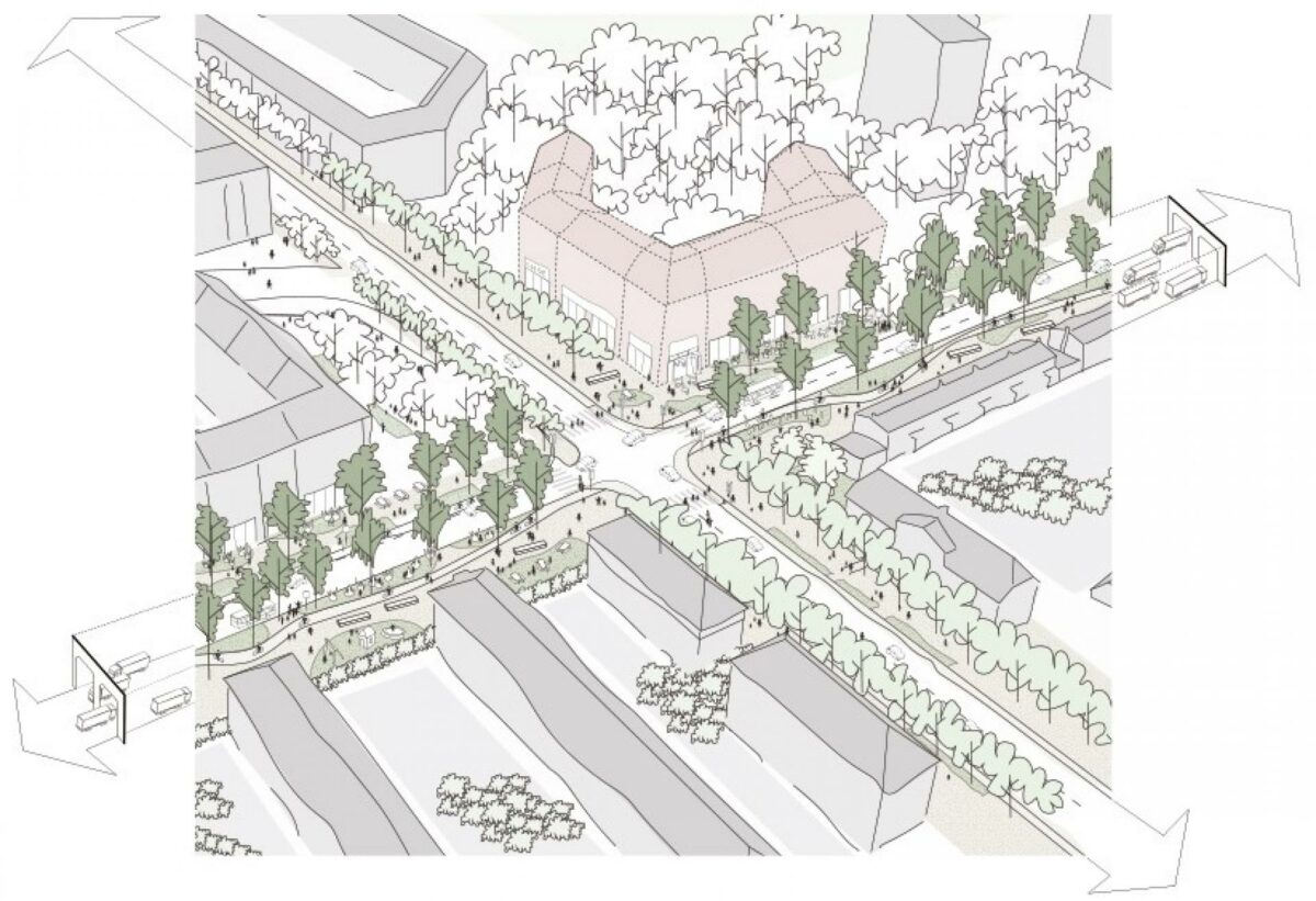Visualiseringen af fremtidens Marselis Boulevard indeholder både markant beplantning og diverse muligheder for ophold, leg og spil i grønne, trygge omgivelser.