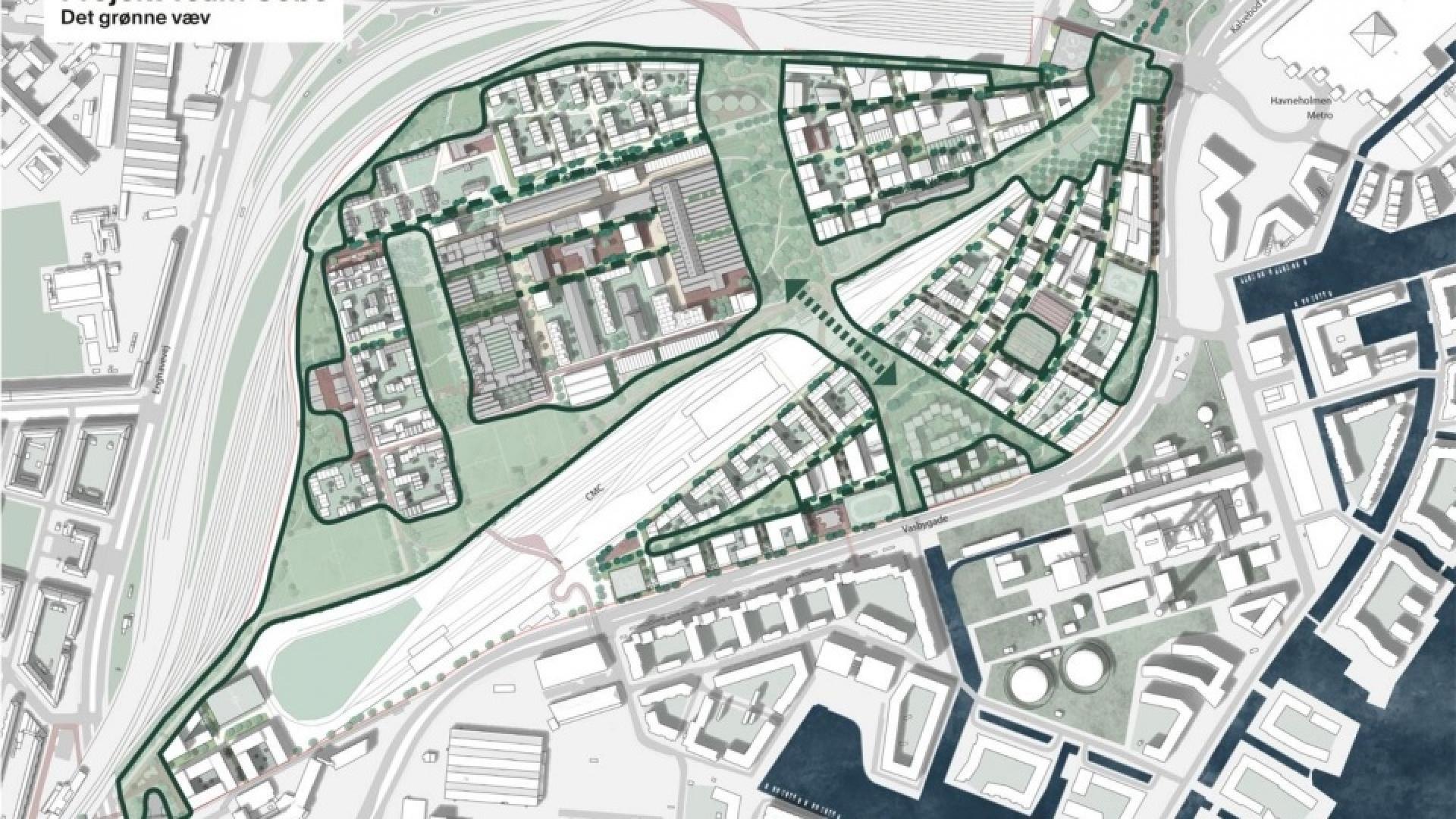 Jernbanebyen er et eksempel på en bydel, der er tænkt grøn fra start af. Illustration: Cobe