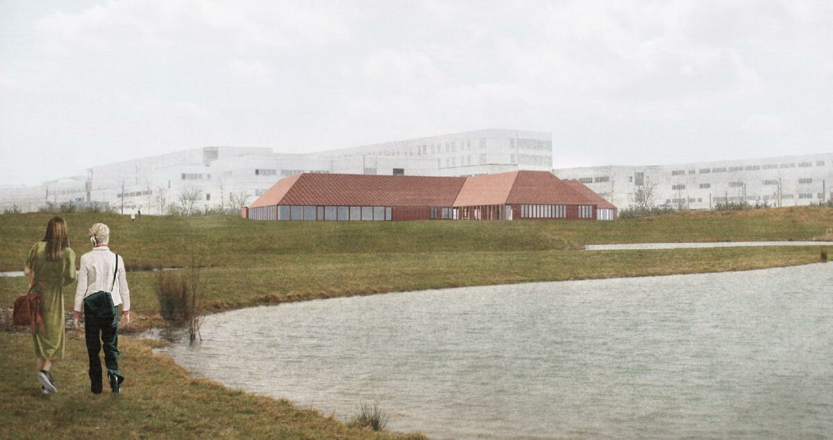Nybyggeriet 'Gaarden' på Nyt OUH, der bliver hjemsted for kræftrådgivningen, udstråler i vanlig Claus Pryds'k stil både robusthed, ro og harmoni, så kræftpatienter, pårørende og personale kan føle sig hjemme. Skitse: Claus Pryds Arkitekter