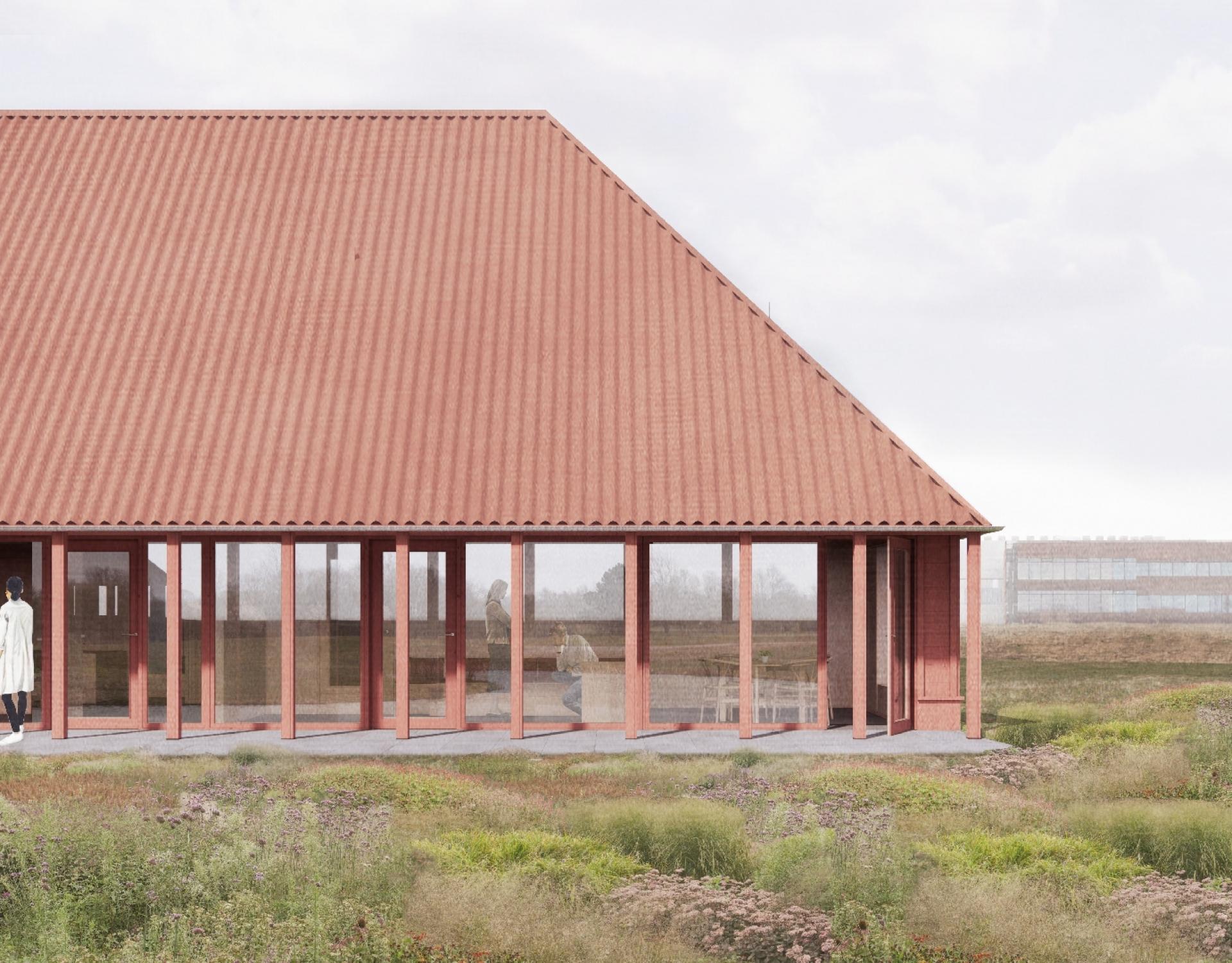 Næsten uanset hvor brugerne af kræftrådgivningen vender sig, er der udsyn til sø og skov (og golfbane) gennem de store glaspartier. Skitse: Claus Pryds Arkitekter