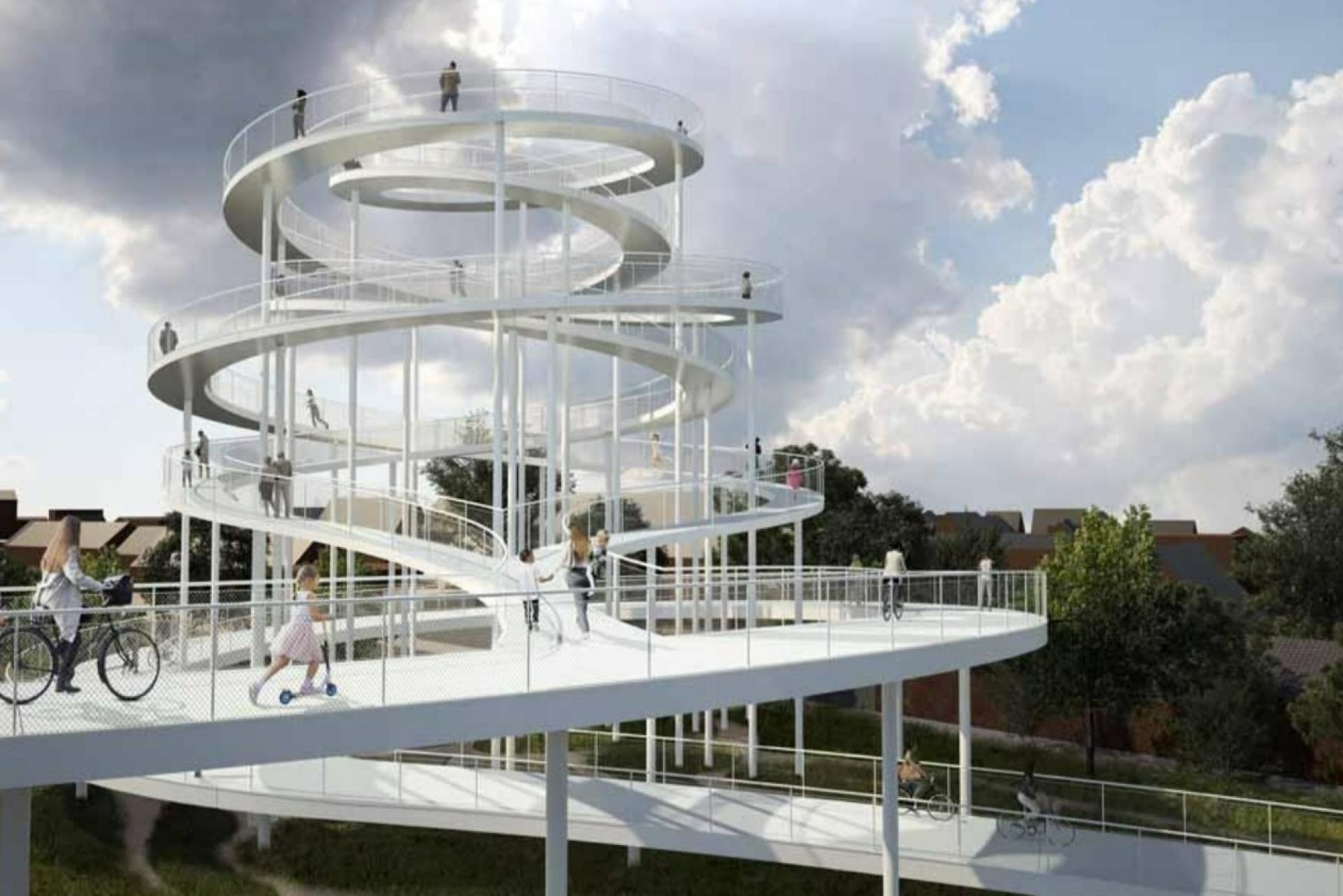 Spiralbroen vil blive et markant værk i midtbyen, som både vil fylde i bybilledet, og som også vil knejse i landskabet og sikre de besøgende en uforstyrret udsigt i alle retninger ud over Holstebro.