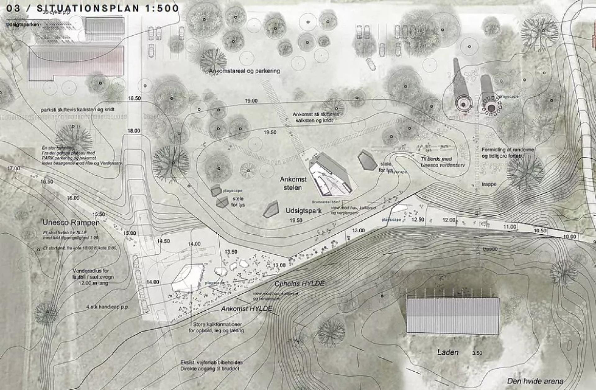 Området omkring det nye formidlingscenter bugner af oplevelser, historie og kulturarv. Situationsplan: Praksis Arkitekter