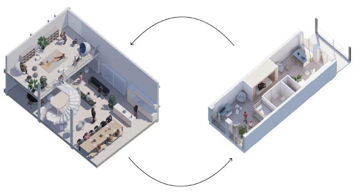 Den 65 kvm kompaktbolig (til højre) kan suppleres med den nærliggende fælles dagligstue, der giver plads til eksempelvis hjemmearbejde, fællesspisning og legerum. Dagligstuen ligger maksimalt 15 meter fra de enkelte lejligheders hoveddør. Visualisering: Adept