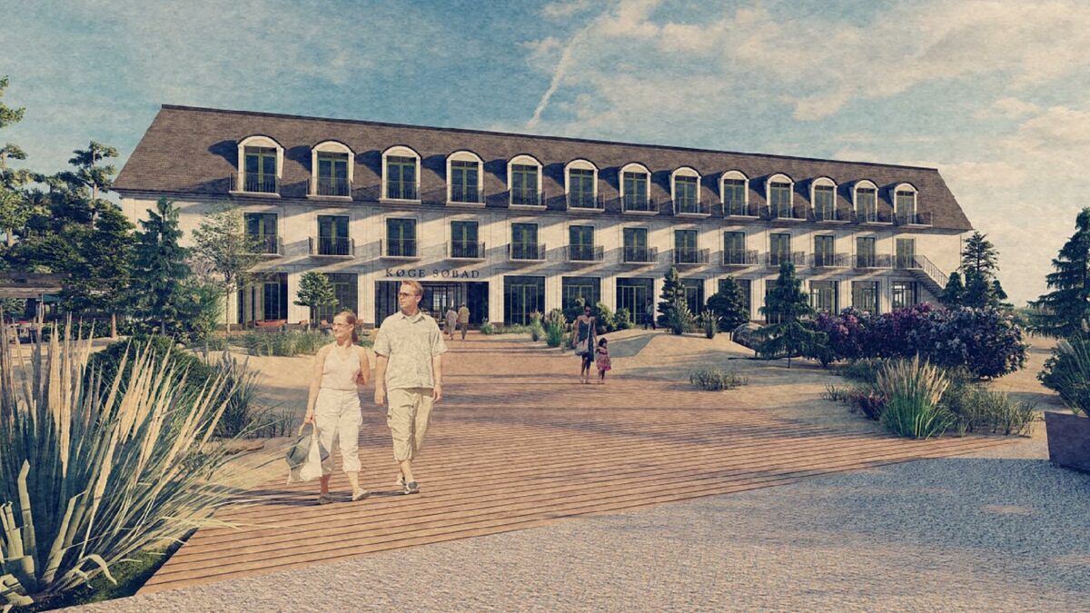 Arkitekterne bag det kommende Køge Søbad har tegnet hotellet, så det kommer til at 'ose af traditionel badehotel-stil'. Visualisering: Bjerg Arkitektur
