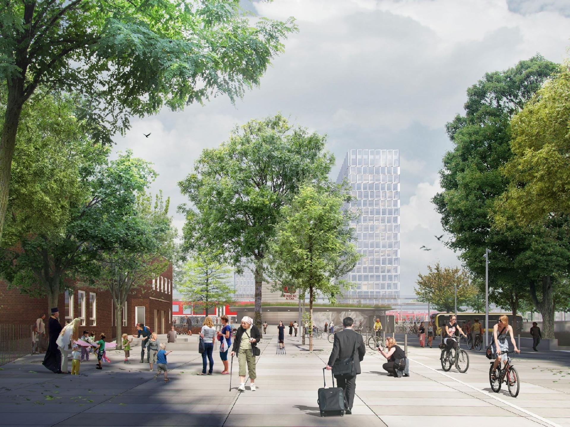 Stationskomplekset udgøres af et hoteltårn, kontortårn, detailhandel og gastronomi. Ill.: C.F. Møller Architects.
