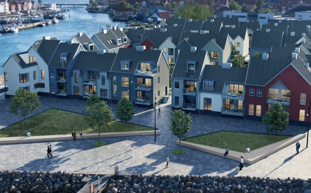 Arkitekten bag de nye byhuse, Archidea, har bestræbt sig på at skabe sammenhæng mellem det nye byggeri og byens historiske byhuse.  Visualisering: Dimension Design