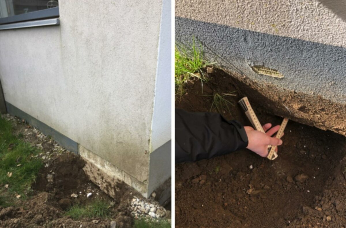Her ses en fugtskade på en bygning med puds på isolering. Facadepudsen er ført helt ned under terræn, hvormed både puds og armeringsnet virker som væger, der suger fugt.