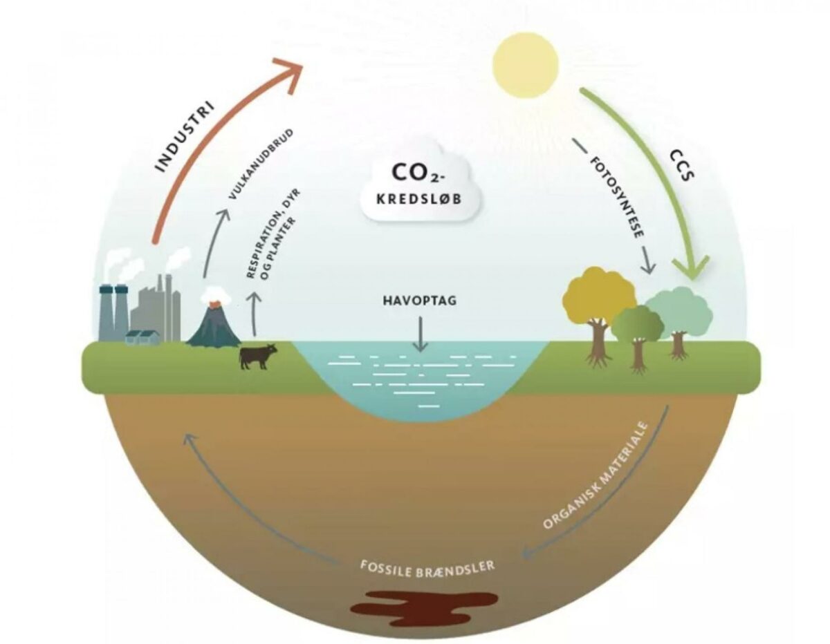 CCS virker ved at indfange noget af den overskydende CO2 fra afbrænding af fossile brændsler som olie, kul og gas og sende den tilbage i undergrunden, så balancen i CO2-kredsløbet på sigt kan genoprettes. Illustration: GEUS