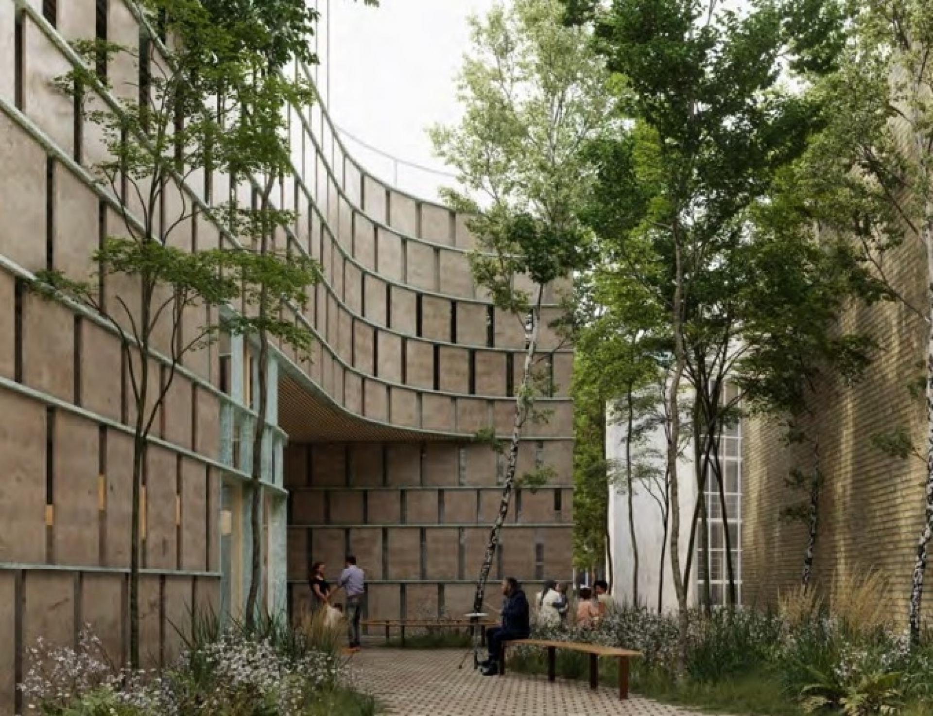 Kultur og Musikskolen bliver opbygget med et nyt grønt byrum, et kollegie og en parkeringskælder bag det gamle Radiohus på Rosenørns Allé. Visualisering: Cobe