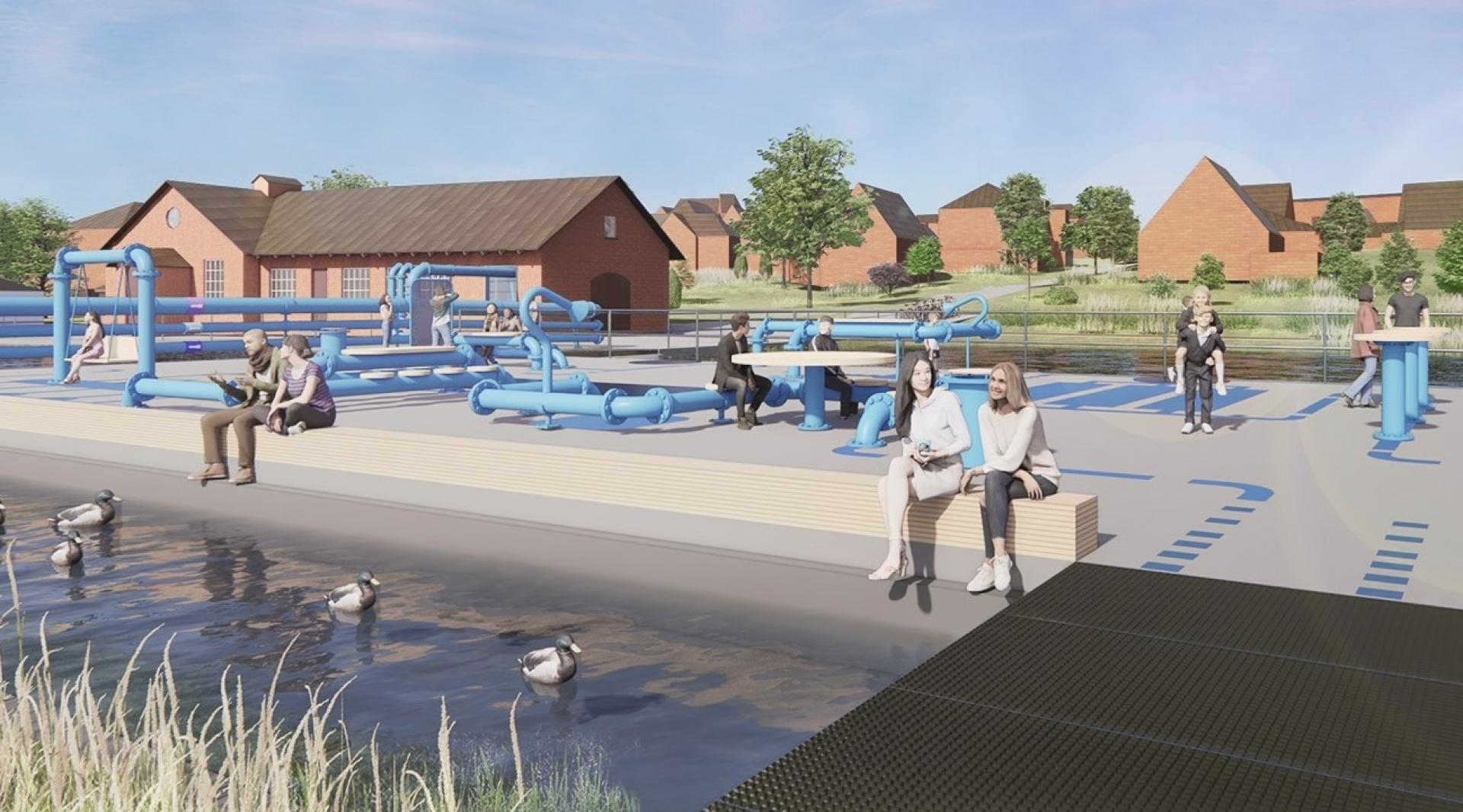 Det tidligere vandværk genbruges til blandt andet en bypark, hvor borgerne kan mødes. Ill.: C.F. Møller Architects.