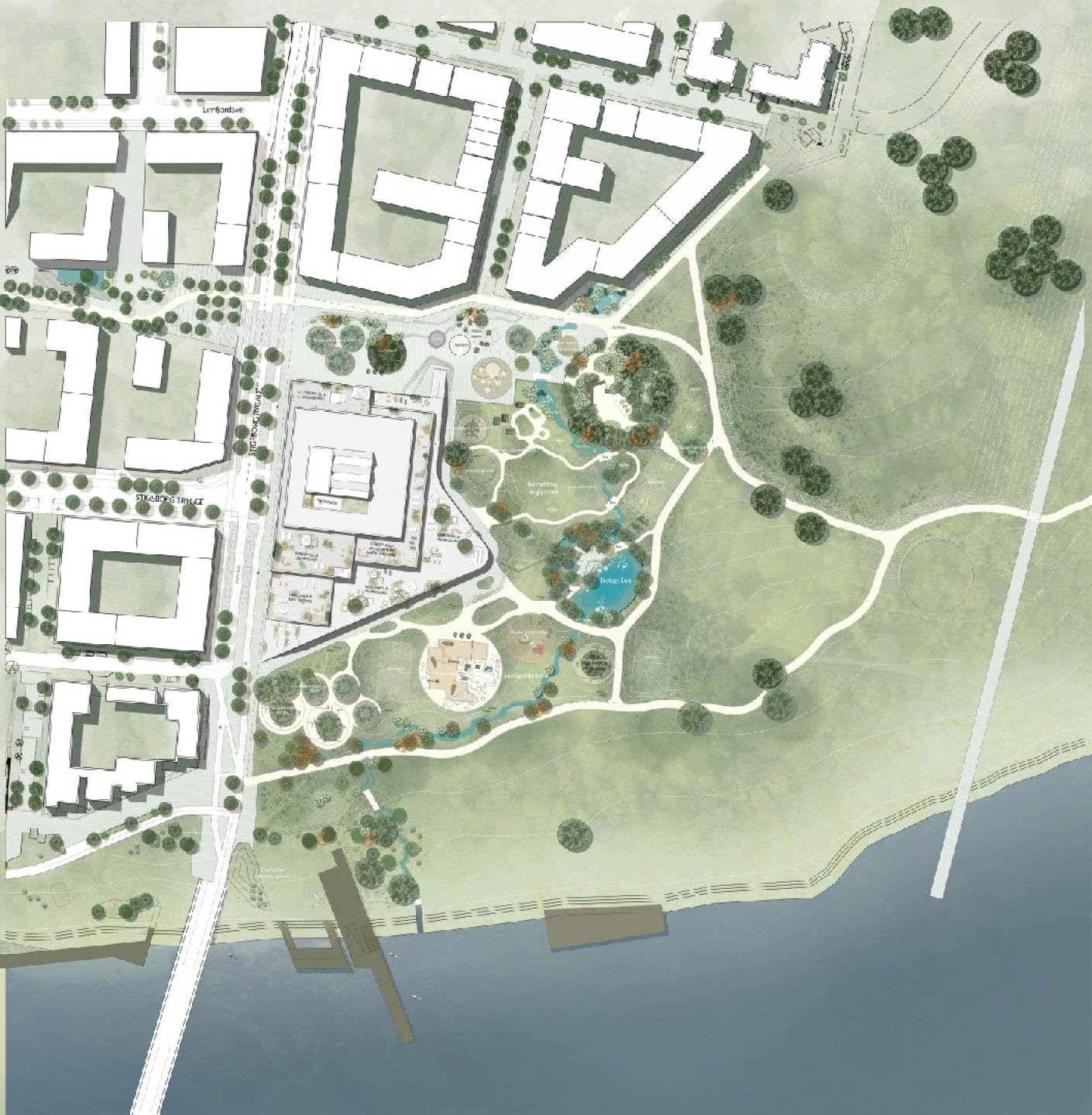 Der er arbejdet med, at udearealer kommet tæt på bygningen for derved at skabe stor biodiversitet i den måde, man beplanter terrænet, men også i måden tagterrasserne disponeres på. Visualisering: Kjaer & Richter.