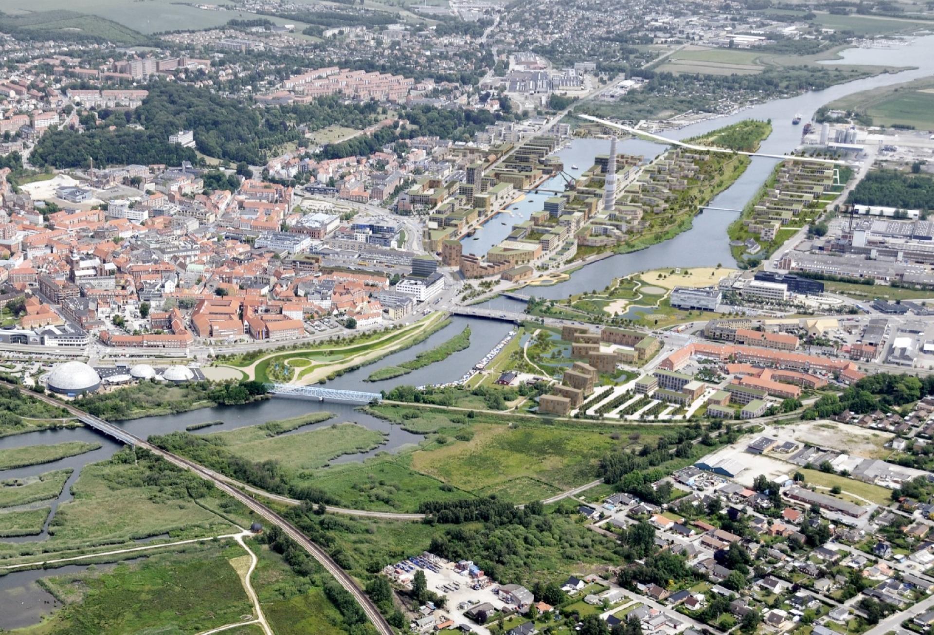 Flodbyen Randers strækker sig over ca. 59 hektar. Det samlede areal til byudvikling omfatter et grundareal på 245.000 m2. Foto: Randers Kommune