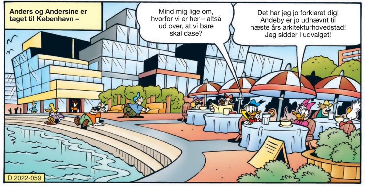 Anders And og Andersine foran Blox lige midt i København. De ikoniske bygningsværker, der optræder i bladet, er blevet 'andeficeret' af den danske tegner Flemming Andersen.