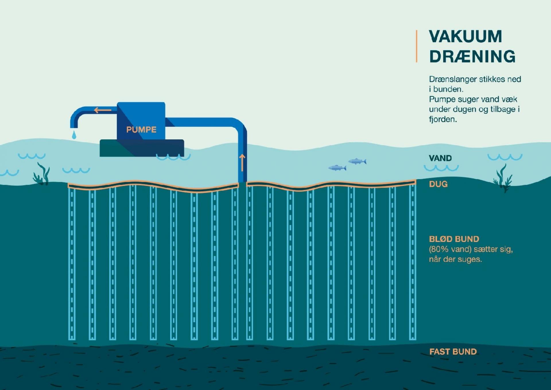 Princippet for vakuum-dræning af fjordbunden. Pumpen kan placeres på land eller på en flåde. Grafik: Kolding Kommune.
