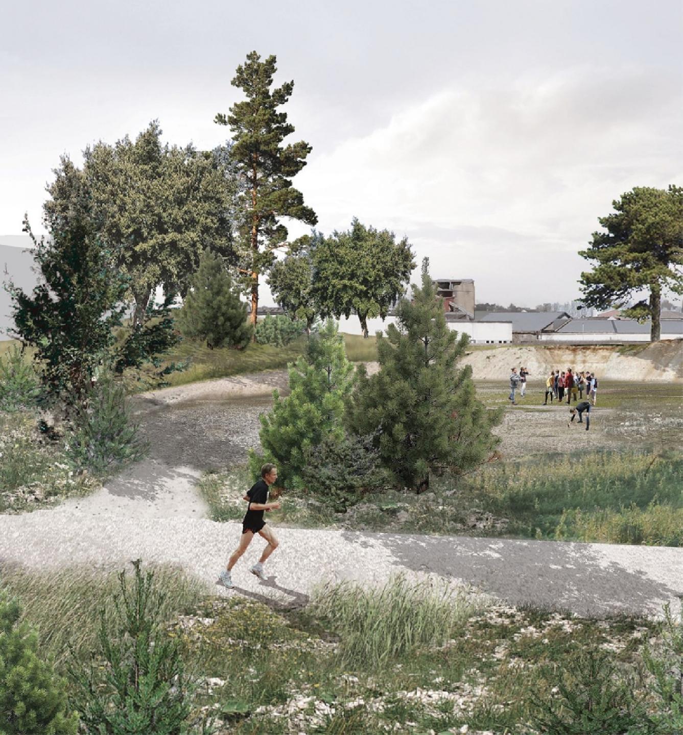 Udover naturkvaliteterne og de mange opholdsmuligheder kommer parken også til at rumme et skateranlæg, der flettes ind i terrænet, og en boldbane. Illustration: SLA.