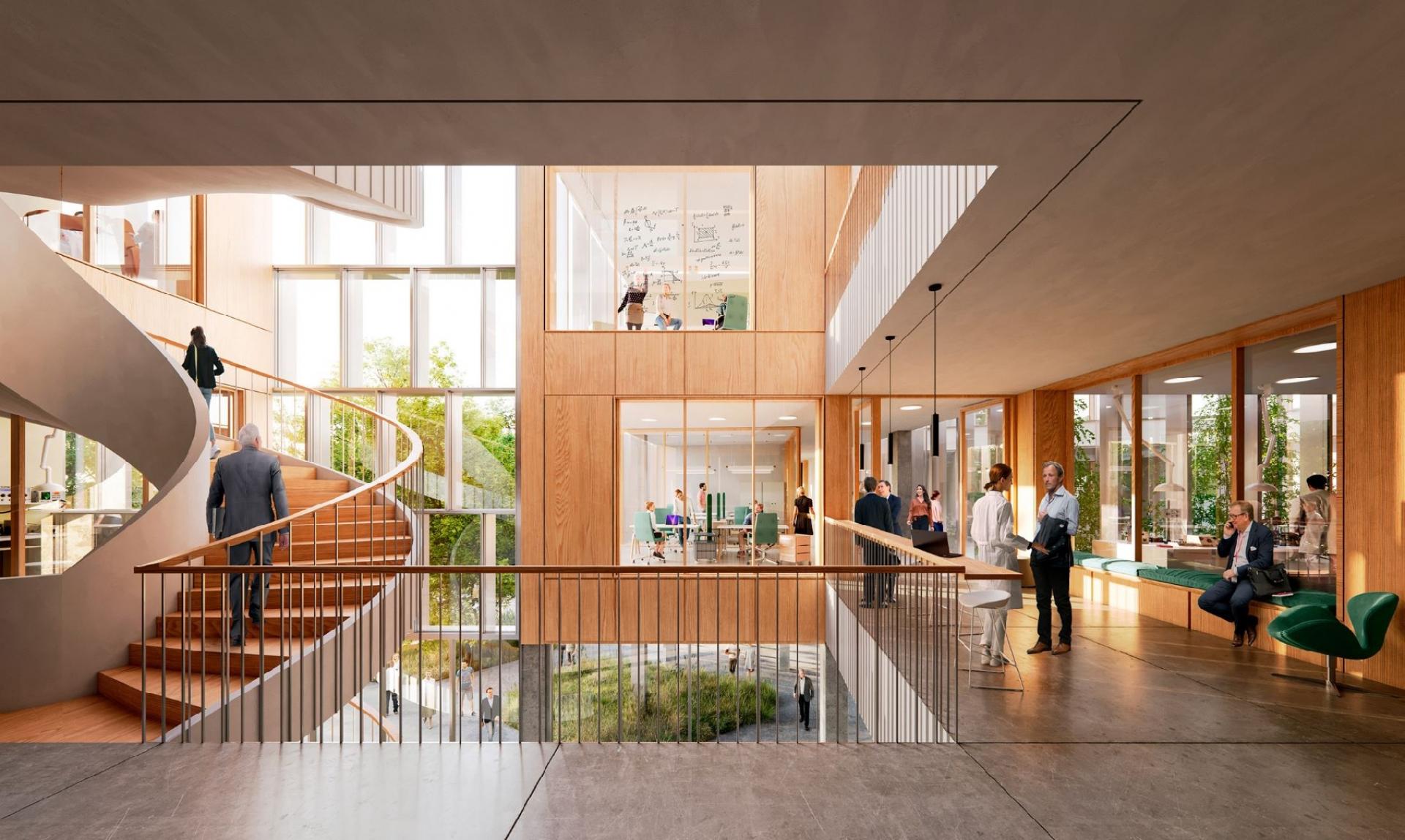 Indvendigt lægges vægt på åbenhed med mødesteder, der fremmer vidensdeling og samarbejde. Illustration: C.F. Møller Architects.