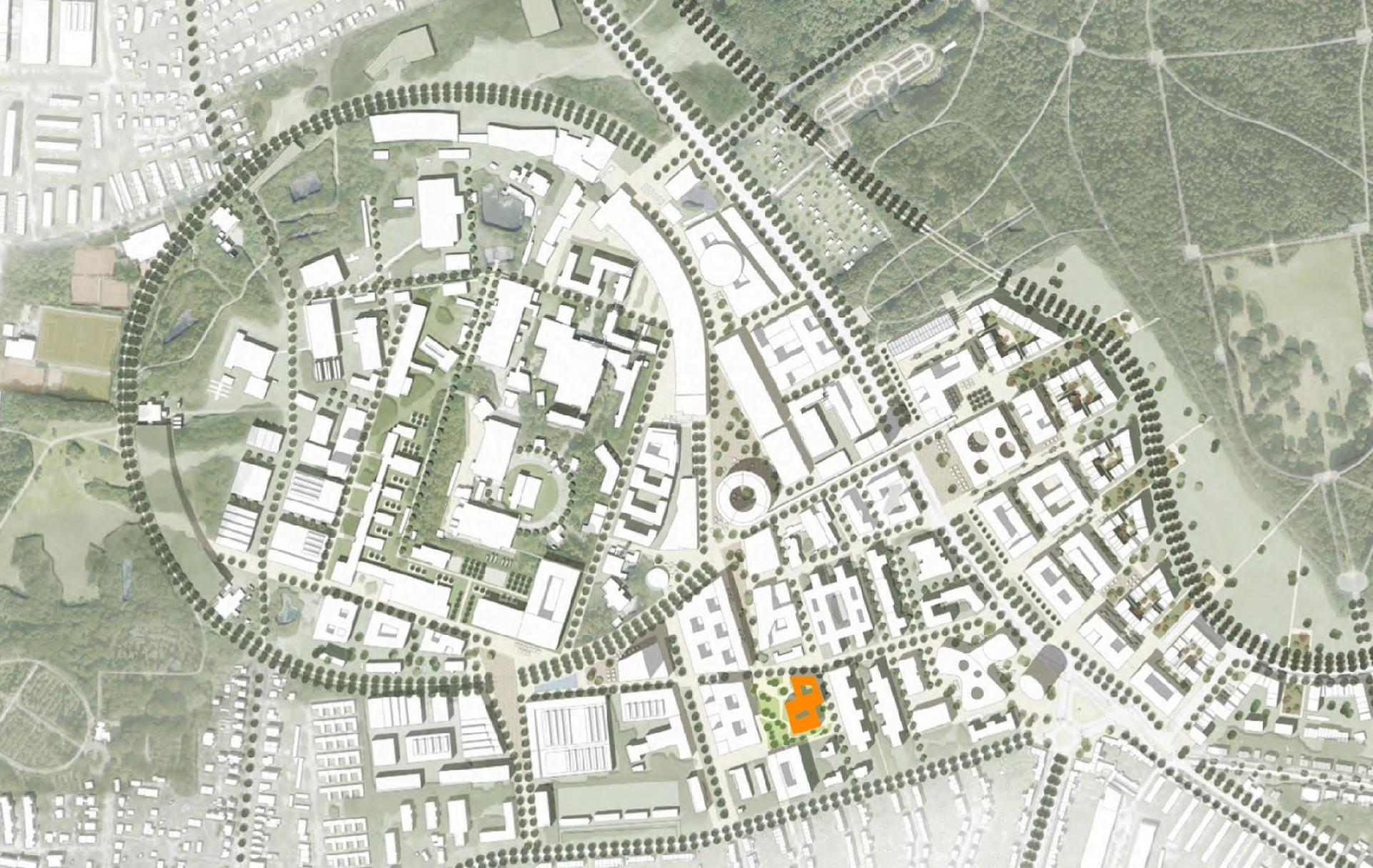 Oversigt over Science City Hamburg Bahrenfeld, som HAFUN-bygningen (orange) bliver en del af.