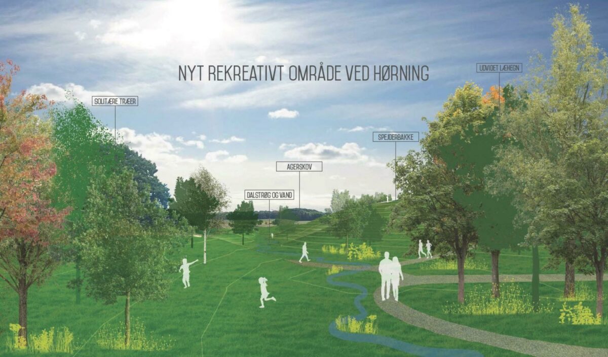Det nye grønne område ved Niels Bohrs Vej i Hørning vil kunne optage store mængder regnvand samtidig med, at det kan bruges til leg, bevægelse og ophold. En anden fordel er, at den store bakke, Spejderbakken, vil skærme de nærliggende boliger fra et stort erhvervsområde. Illustration: MBYLand