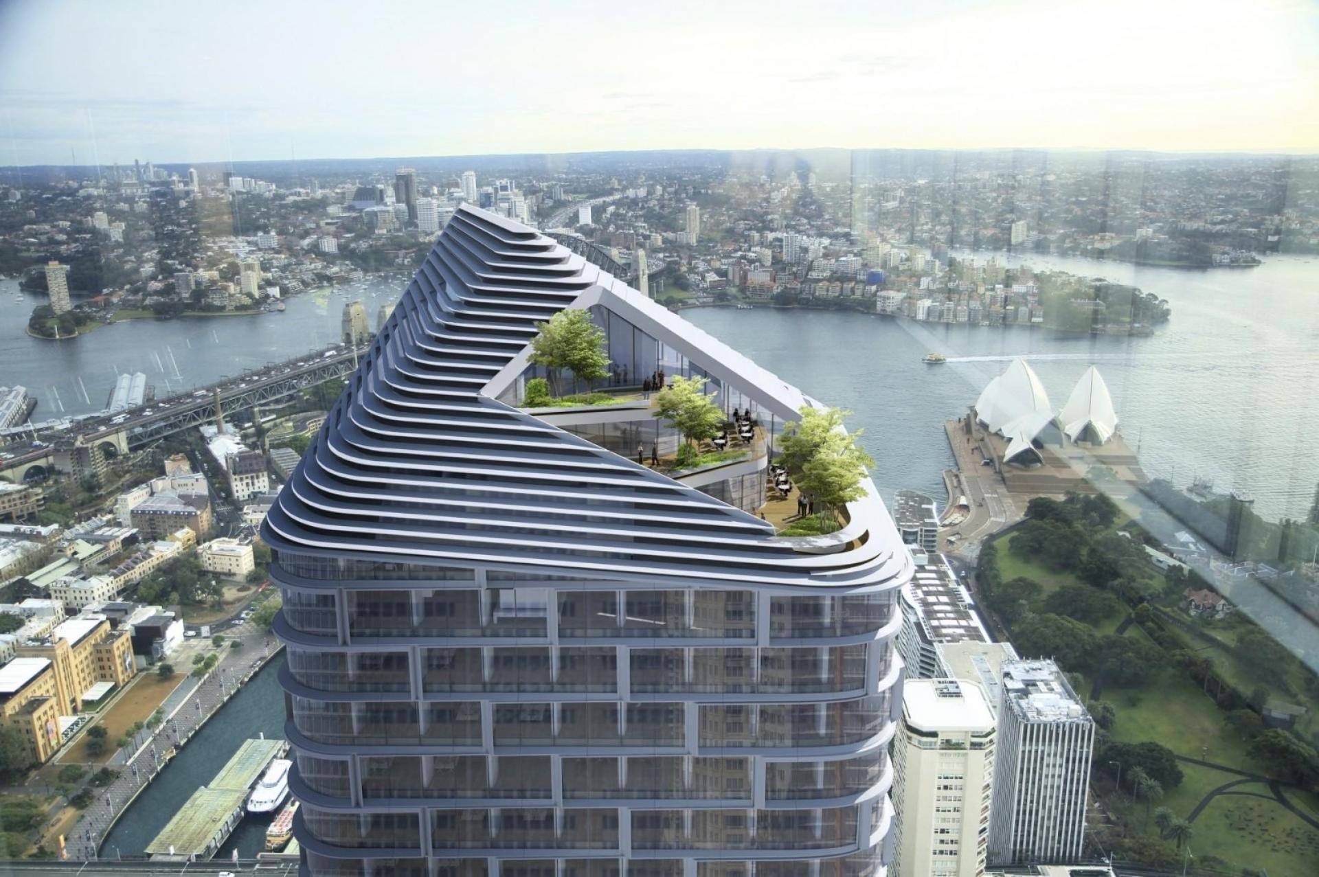 Danske 3XN har tegnet det vindende kontorhus Quay Quarter Tower i Sydney, der har en forrygende udsigt over havneområdet og det ligeledes dansktegnede operahus. Visualisering: 3XN