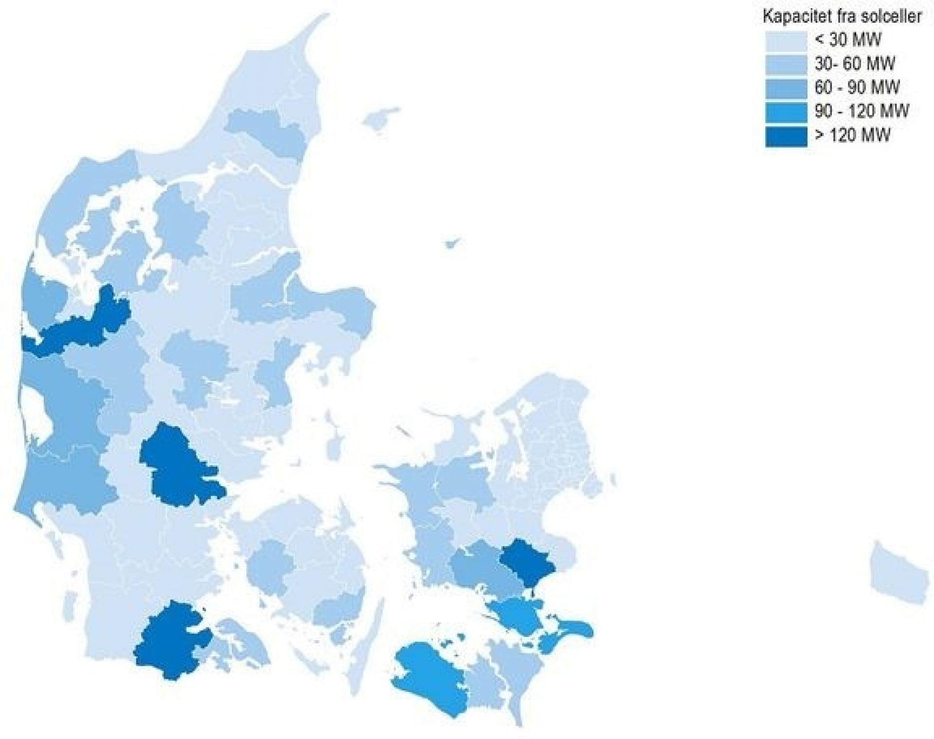 Samlet kapacitet fra solceller, MW, november 2022. Kilde: Energistyrelsen og Plandata.
