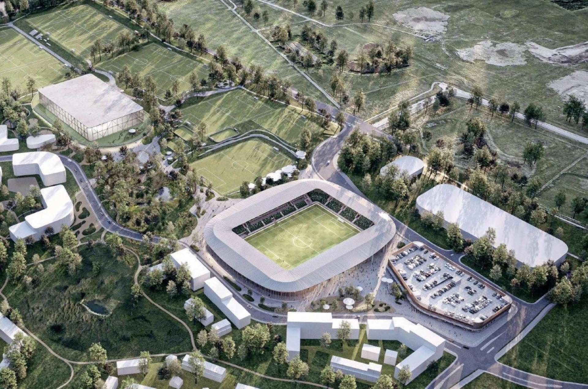 Et stadion på internationalt niveau med plads til 10.000 publikummer bliver centrum i Favrholm Stadionkvarter. Helhedsplanen for området skal også omfatte idrætspladser, landskab, fodboldbaner og et fodboldakademi. Visualisering: Elkiær + Ebbeskov Arkitekter, Masu Planning, PLH Arkitekter og OJ Rådgivende Ingeniører