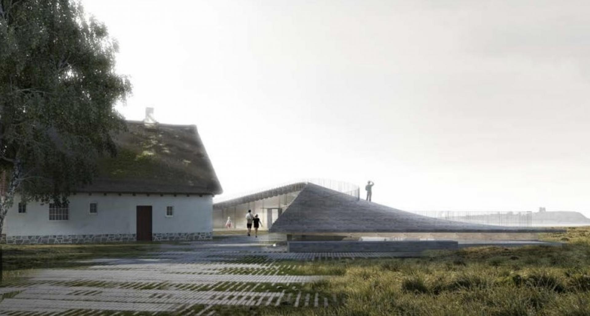 Strandhuset, der er tegnet af den anerkendte arkitekt Hack Kampman, bevares og vil indgå som en separat del af besøgscenteret. Visualisering: Arkitema