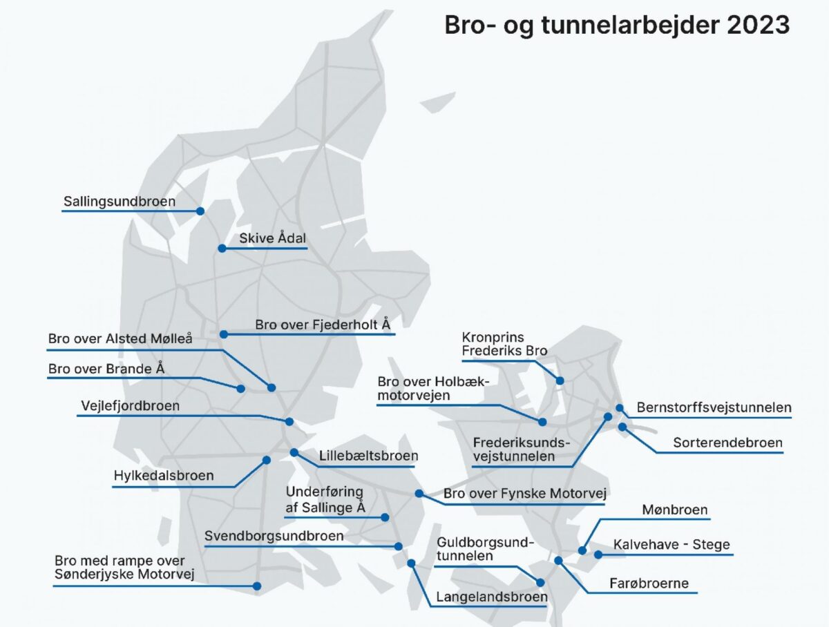 Foto: I 2023 arbejder Vejdirektoratet med renovering af 22 broer og tunneler, så de får forlænget deres levetid. Grafik: Vejdirektoratet.