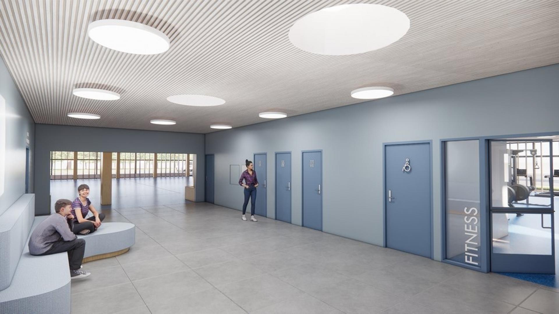 Fitnessrummet er placeret mellem skolen og hallen og bliver på 200 kvm. Visualisering: Zeni Arkitekter