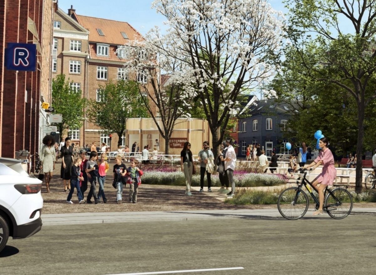 I forslaget bliver vejen på torvets solside mod nord fjernet, og vejen på sydsiden lukkes for biltrafik og omdannes til sluse for busser, cyklister og gående. Visualisering fra forslaget 'Plan for et smukkere Vesterbro Torv'.