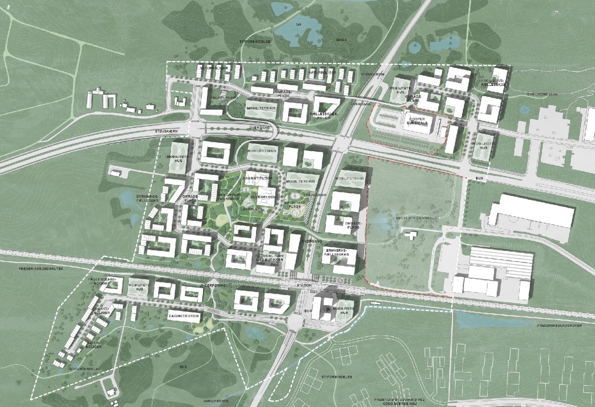 Mobilitetshuse, erhvervsfællesskaber, dyrkningsfællesskab, en engagergård, aktivitets- og områdepladser. Fællesskabet er tænkt ind i Kildedal By helt fra starten af. Visualisering: Werk