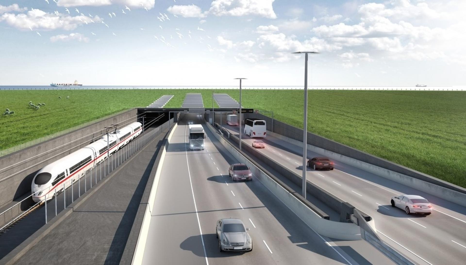 Ca. 19 kilometer af de 25 km spor og køreledninger ligger i forbindelse med tunnelen, mens ca. 6 kilometer ligger uden for tunnelen på hhv. dansk og tysk side. Illustration: Femern A/S