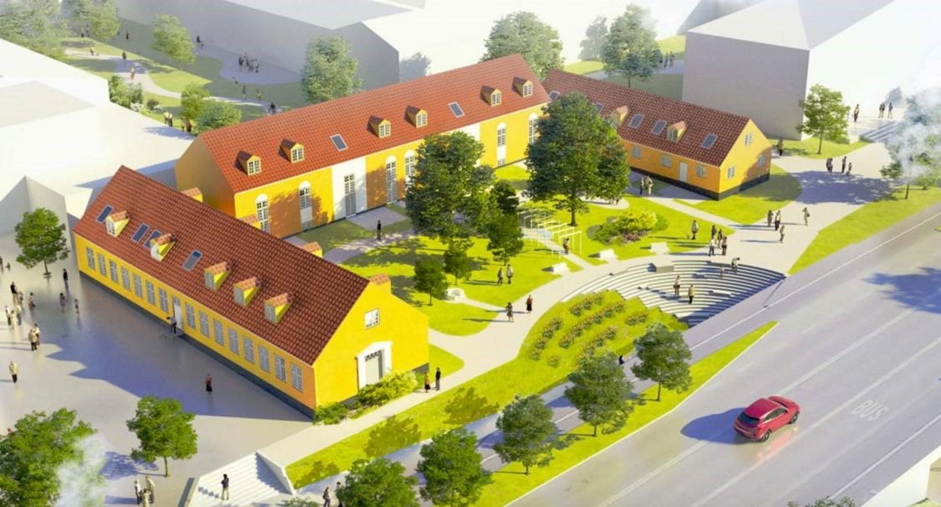 Først var der skole, siden lå Farum Rådhus i bygningen, der nu skal omdannes til 13 rækkehuse under navnet Rådhushaven. Illustration: Furesø Kommune