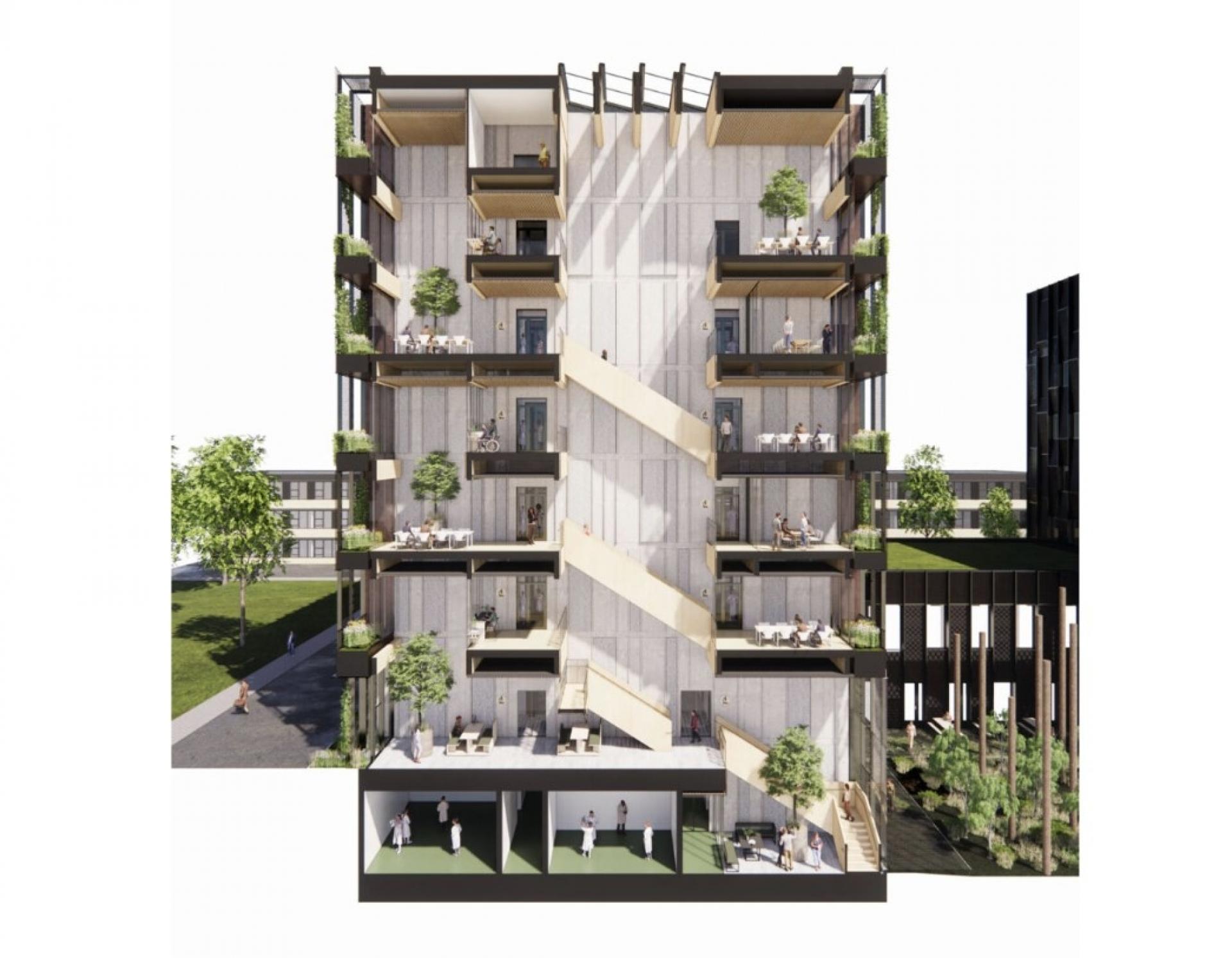 Et åbent atrium strækker sig op gennem alle husets syv etager. Visualisering: Christensen og Co Arkitekter