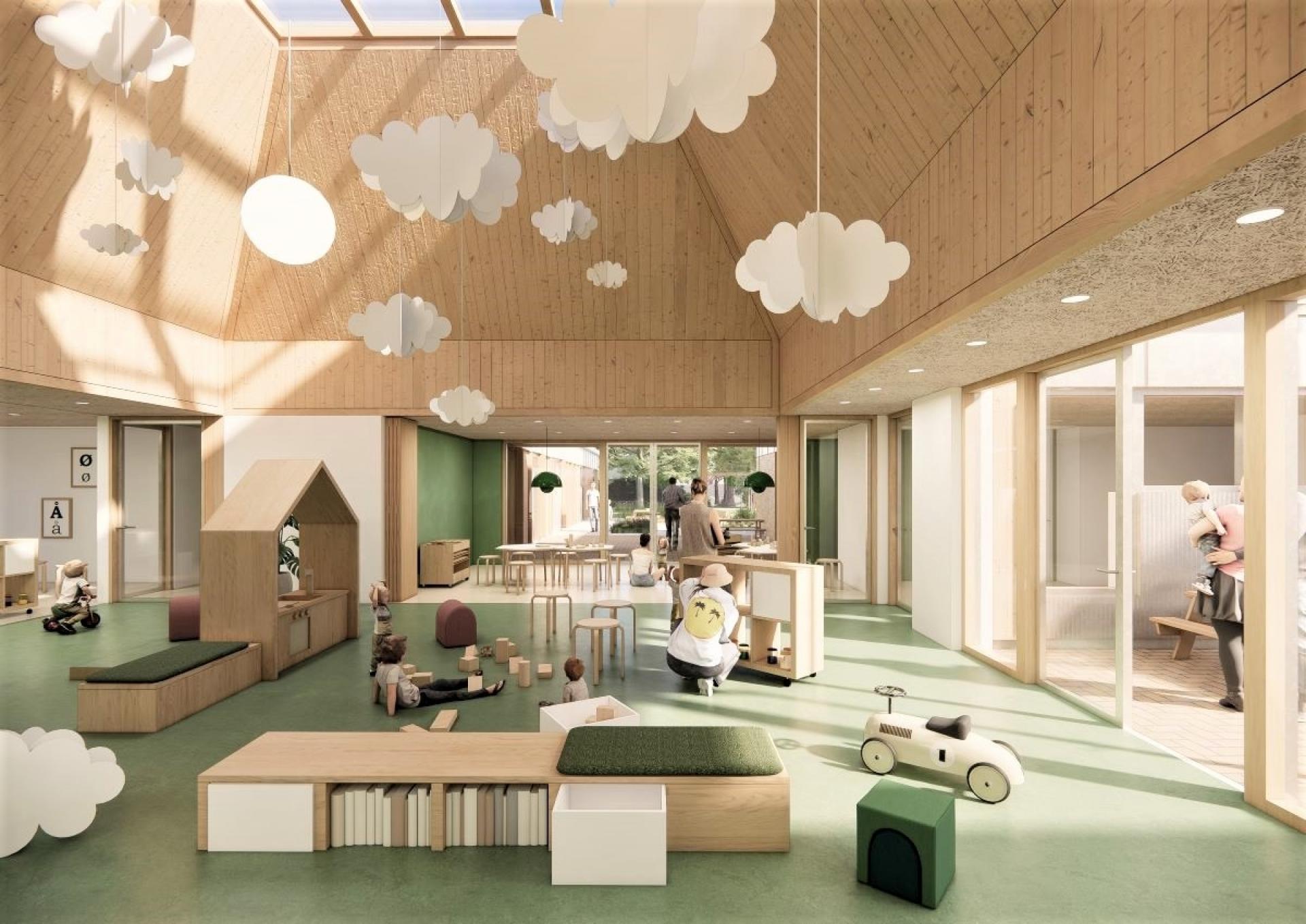 Begge børnehuse bliver bygget op om det, arkitekterne beskriver som hjerterummet. Visualisering: Skala Architecture.