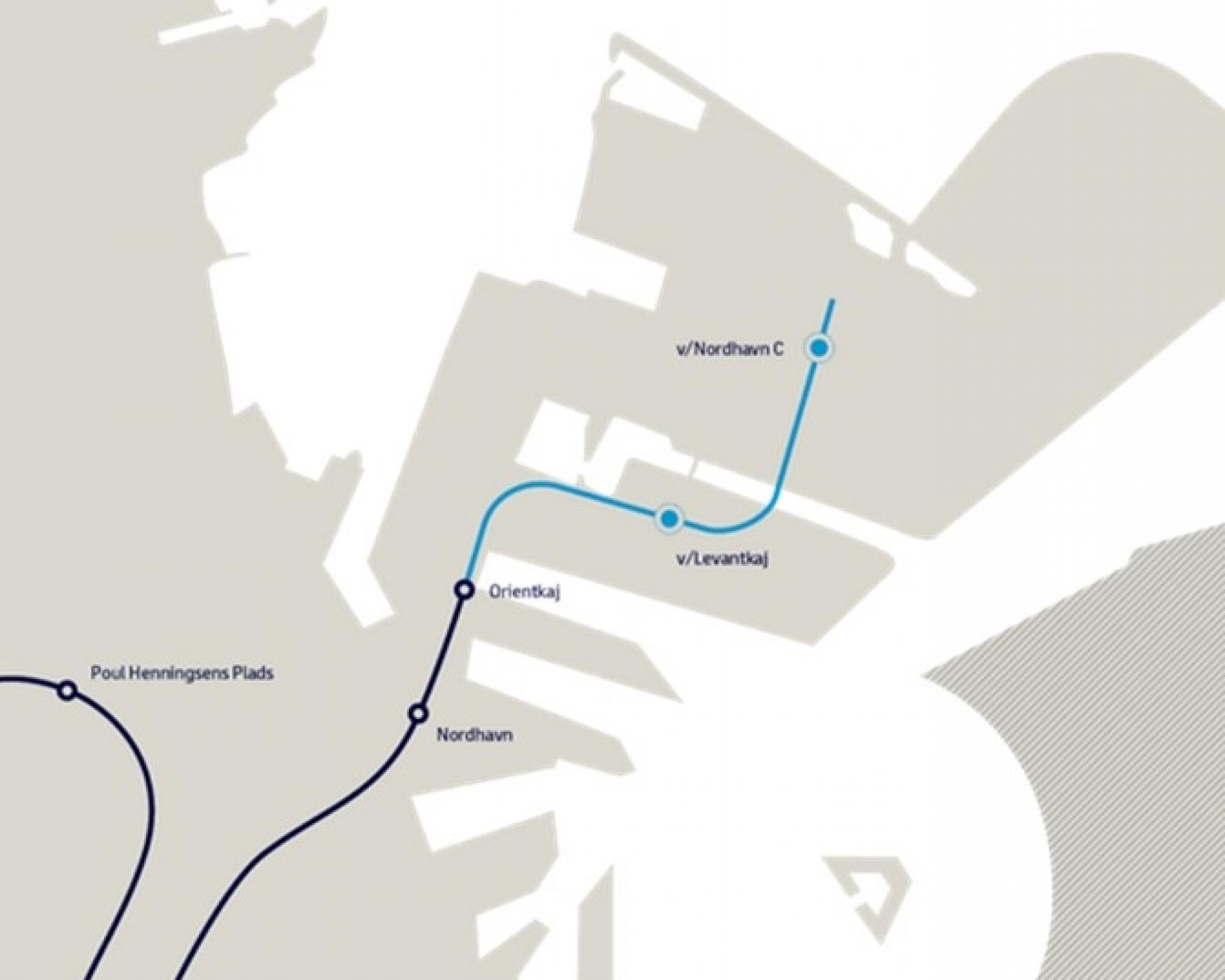 Linjeføringen på den nye strækning af M4 med to nye stationer forventes at løbe som på kortet herover og vil servicere bl.a. brugere af Tunnelfabrikken, Nordhavnstippen, de kommende boldbaner i ydre Nordhavn og Naturpark Nordhavn. Også cruiseturisterne får kortere vej fra metro til cruiseskib.