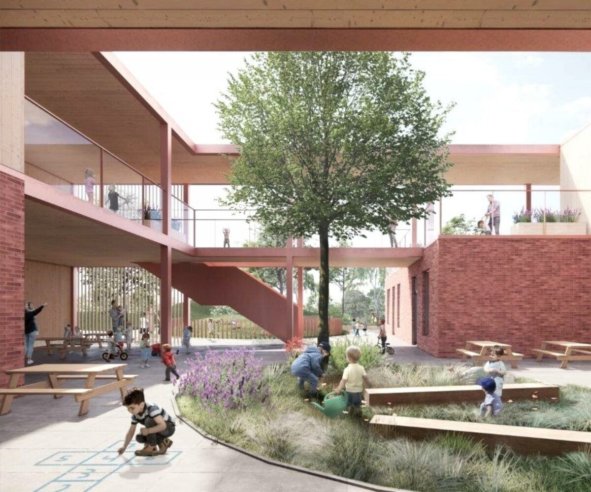 Institutionen skal kunne rumme 184 børn fordelt på 96 børnehavebørn og 56 vuggestuebørn, 32 børn i dagpleje samt 50 voksne/personale. Foto: Skala Architecture.