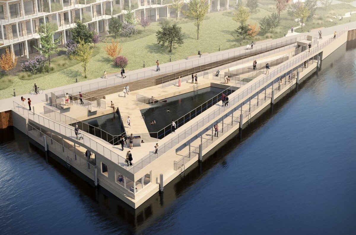 Sønderborgs nye Havnebad kommer til at ligge for enden af den nye promenade langs havnefronten, lige op ad den kommende Bypark. Visualisering: Zeni Arkitekter