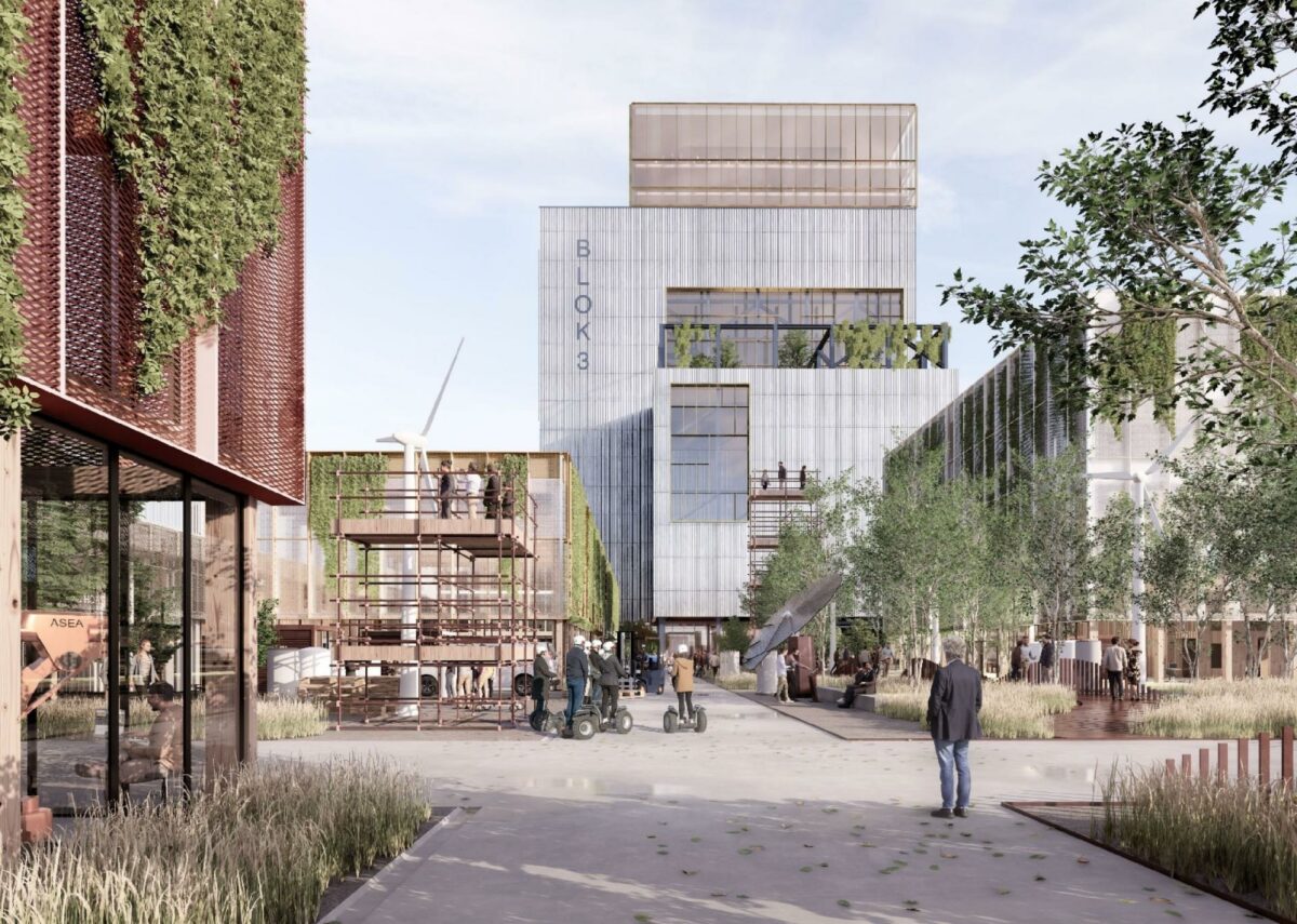Norbis Park i Aalborg er et eksempel på omdannelse af kulkraftværk til grøn industri- og vidensby med forskning, udvikling og produktion af nye bæredygtige energiformer. Visualisering: Friis & Moltke.