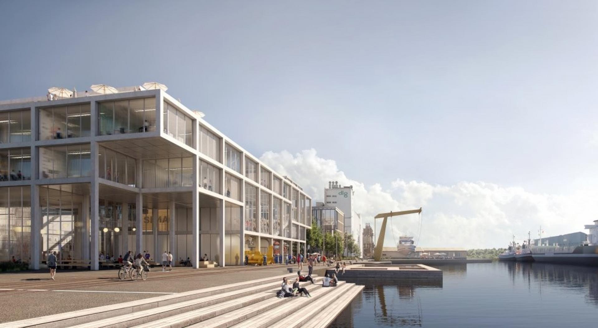 Det nye Simac er et fleksibelt og moderne hus opført som en hyldest til havnens særegne arkitektur og maritime miljø. Visualisering: C.F. Møller Architects og Effekt